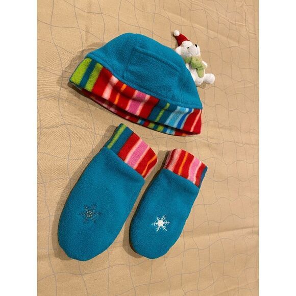 Kids Unisex Winter Mittens & Hat Set Blue 100% Polyester - Picture 4 of 9